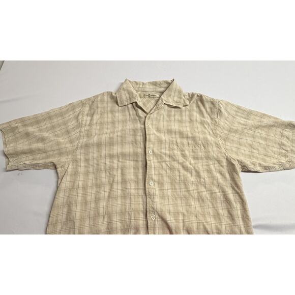Tommy Bahama Medium Beige Silk Plaid Pattern Short Sleeve Button Down Shirt Men - Picture 4 of 15